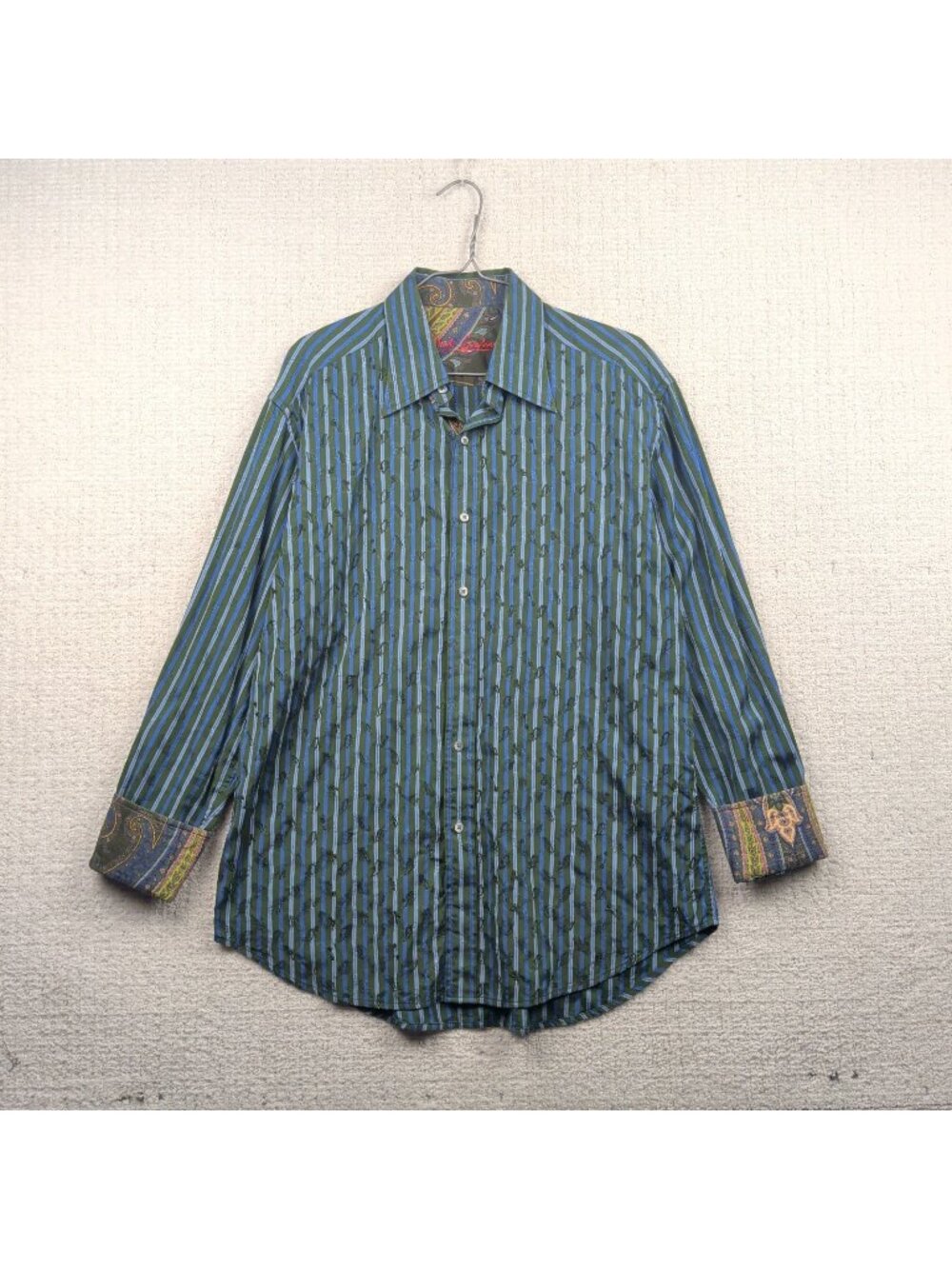Robert Graham Button Up Shirt Dark Green Striped Paisley Mandala Flip Cuff Boho*